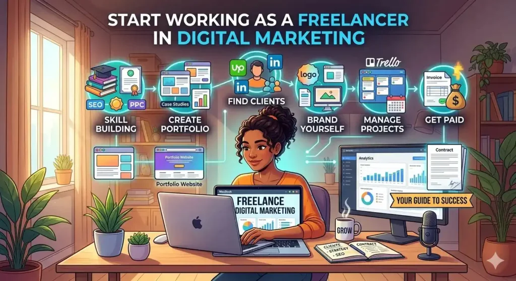 A vibrant, detailed illustration of a confident woman working in a sunlit home office, representing a freelancer in digital marketing. The scene features a circular roadmap highlighting key steps: Skill Building, Create Portfolio, Find Clients, Brand Yourself, Manage Projects, and Get Paid. The workspace includes a laptop, notebooks, and digital tools, symbolizing online work and creativity. A bold headline reads “Start Working as a Freelancer in Digital Marketing,” with a banner saying “Your Guide to Success,” emphasizing a complete beginner-friendly journey into freelancing.