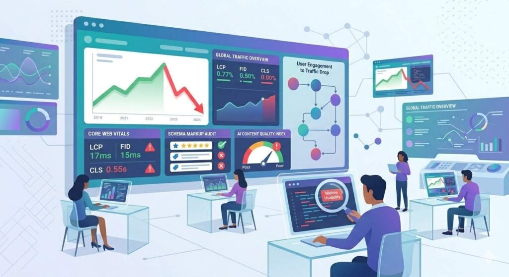 A vector illustration of a team of digital analysts in a high-tech command center looking at dashboards that show dropping website traffic, core web vital errors, and poor content quality scores. 
website traffic