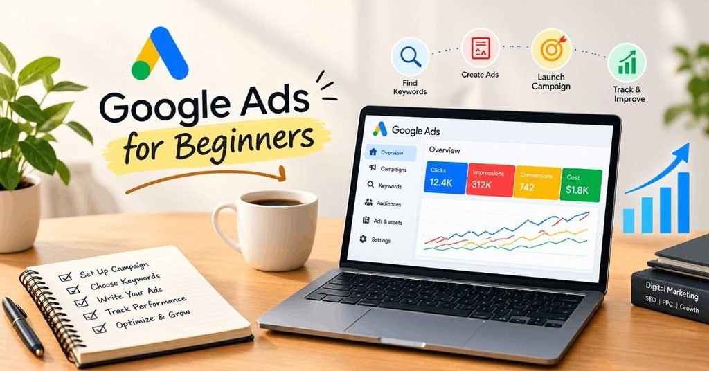 Google Ads for beginners campaign setup and performance dashboard